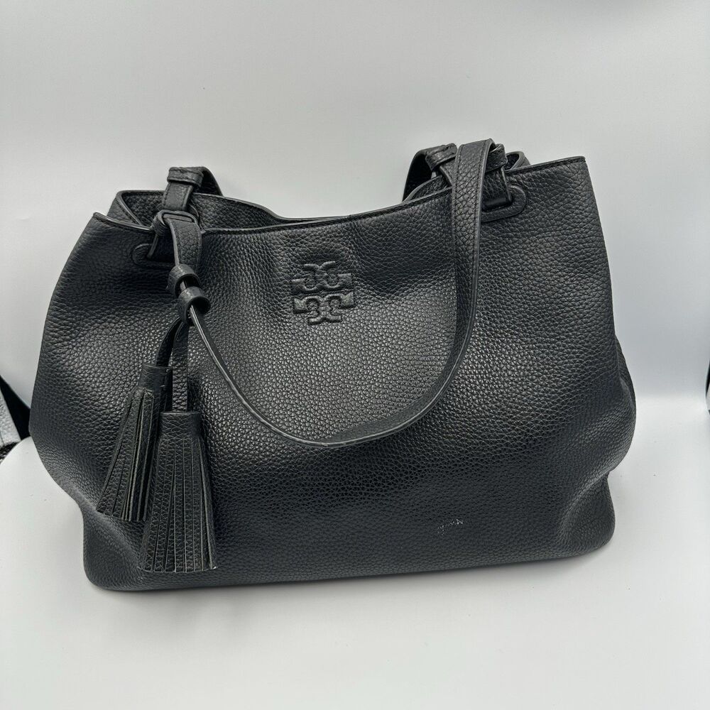 Tory Burch McGraw Black Pebbled Leather Tote Shoulder Bag Tassel Large Purse